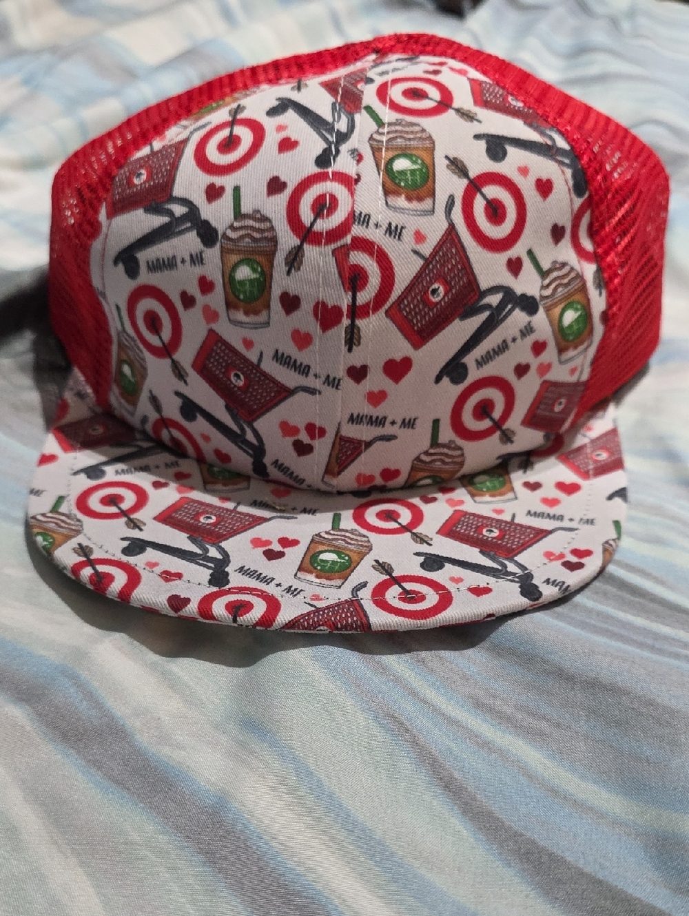 Kids Red Mesh Trucker Hat with Patterned Front and Brim